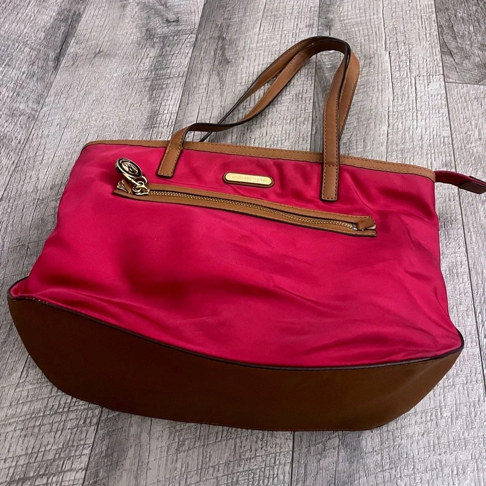 Michael Kors Pink Nylon Saffiano Leather Trim‎ Tote Bag Gold Hardware MK Logo